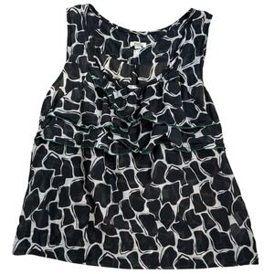 Odille Anthropologie Sleeveless Ruffle Top Black‎ White Print – Size 2